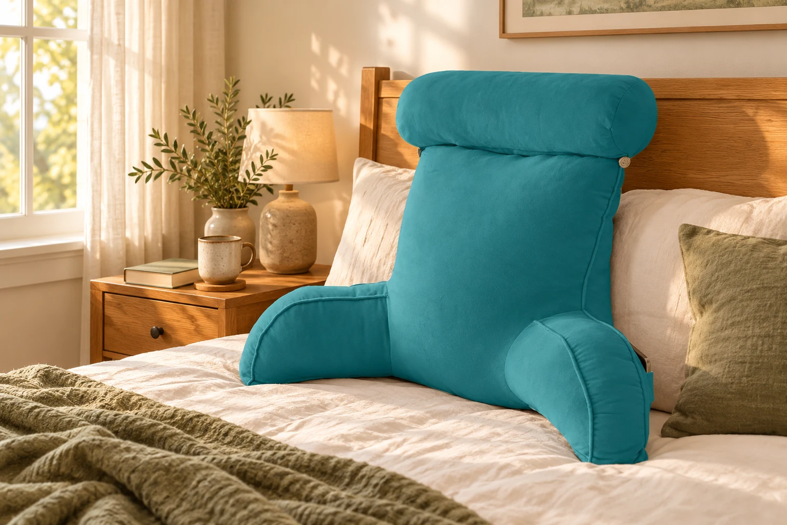 Styled illustration of the teal reading pillow on a sunlit cream linen bed