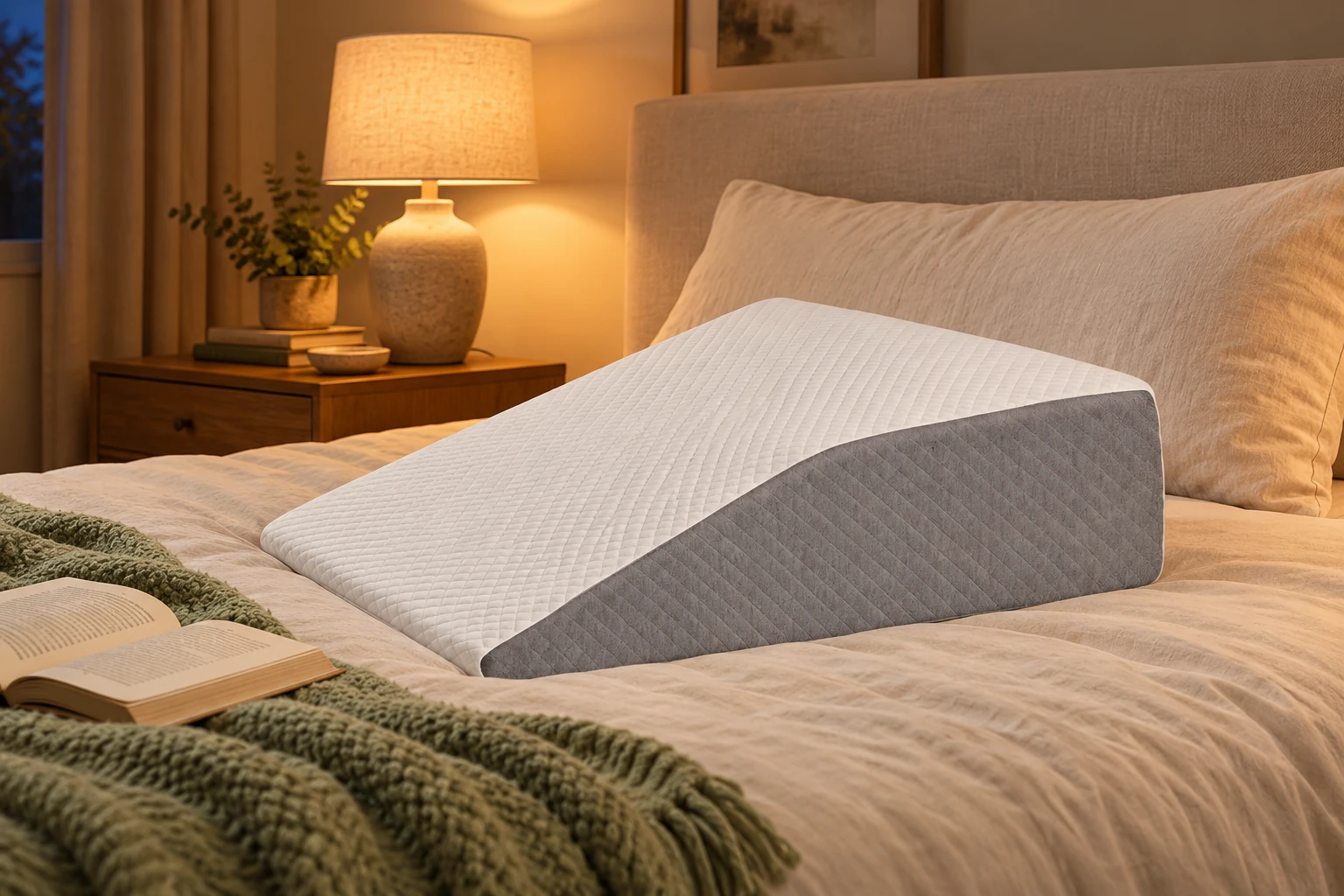 Original product photograph showing the inclined wedge pillow at bedtime